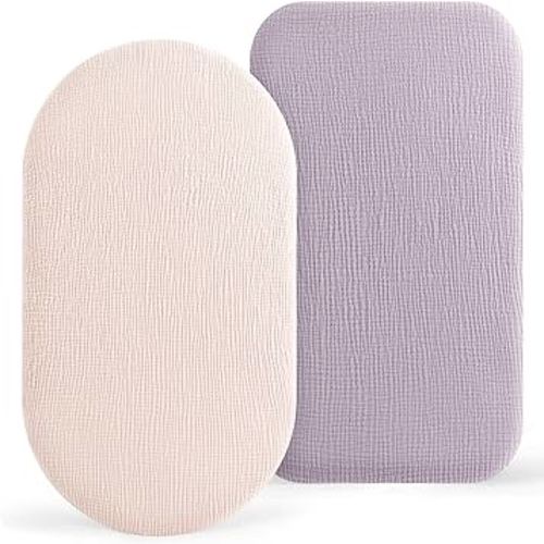 Bearmoss Bassinet Sheets - 2 Pack Muslin Cotton Bassinet Sheets Fits Oval and Rectangle Bassinet Mattress, Breathable and Skin-Friendly for Baby Boy and Girl (Light Pink&Purple)