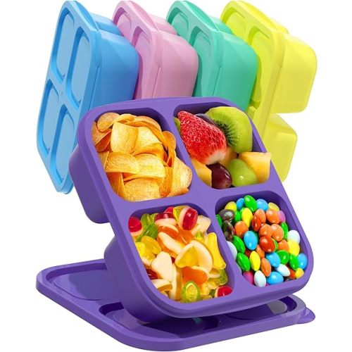 5 PCS Bento Snack Containers, Reusable 4 Compartment Divided Food Storage Containers, Divided Lunchable Container for School, Work and Travel (Multicolor)