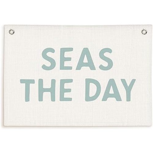 Lacama Beach Theme Wall Decor for Boys Room, Coastal Kids Playroom Nursery Hanging Sign, Seas The Day Linen Canvas Banner, Rustic Nautical Surf 30x20 Inch