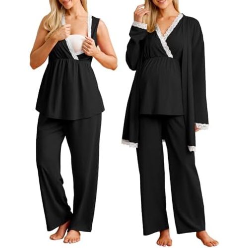 OUGES Womens Cotton Blend Maternity Nursing Robe Set 3 PCS Postpartum 3 in 1 Labor Delivery Hospital Pjs Tank Top & Pants