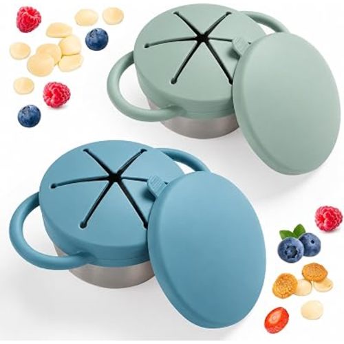 Bufilea Snack Containers for Toddlers, Stainless Steel Toddler Snack Cups with Silicone Food Catcher & Lids,Snack Cups for toddlers Spill Proof (Creamy Creamy, Pack of 2)