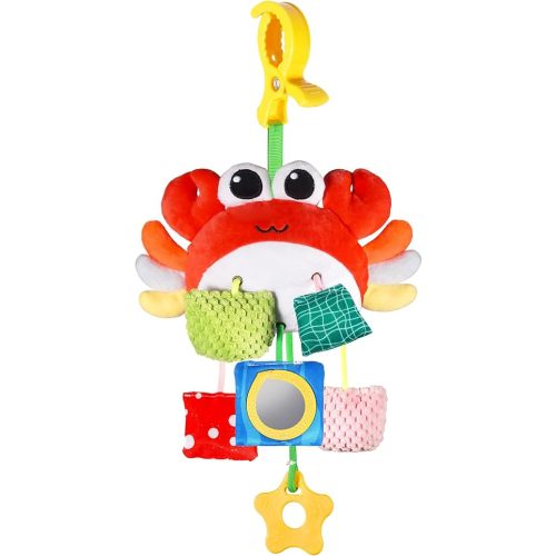 Car Seat & Stroller Toys for Baby, Sensory Toy for Babies, Crib Toys Hanging with Clip, Bell, Drawstring, Crinkle, Teether, Carseat Toys for Travel Gift Boys Girls Crab