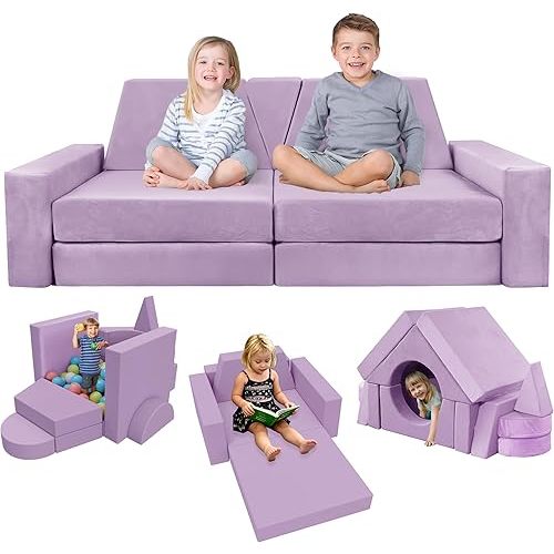 YEFU 15pcs Modular Kids Play Couch, All Foam Kids Couch for Toddler & Children, Toddler couches, Kid Play Couches for Playroom Furniture Convertible Foam Sofa for Boys & Girls, Light Purple
