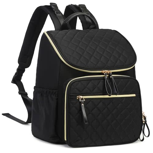 LORADI Lightweight Diaper Bag Backpack, Medium, Black-gold | Stroller Clips, Insulated Pockets, Water-resistant, Easy to Clean, Baby Shower Gifts