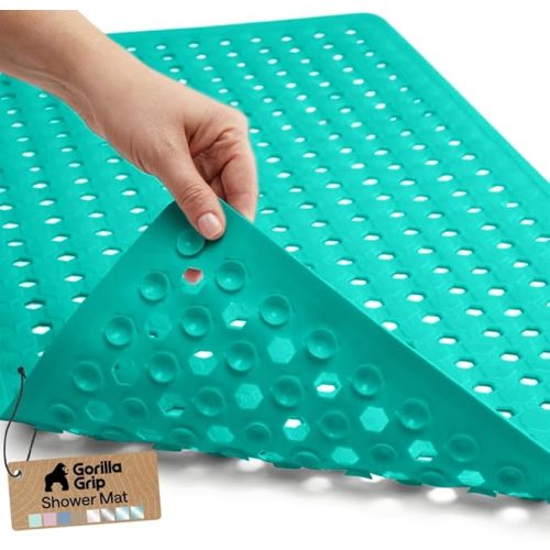 GORILLA GRIP Patented Bath Tub Shower Mat, Machine Washable Bathtub Floor Liner Mats, Suction Cups and Drain Holes to Keep Tubs Clean, Soft on Feet, Bathroom Essentials, 35x16 Inch, Sky Blue Opaque