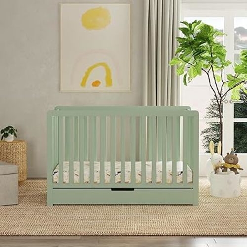 Carter's by Davinci Colby 4-in-1 Convertible Crib with Trundle Drawer in Light Sage, Greenguard Gold Certified, Undercrib Storage