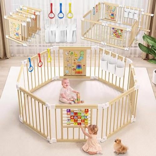 Foldable Baby Gate Playpen, Wooden Play Yard for Babies and Toddlers