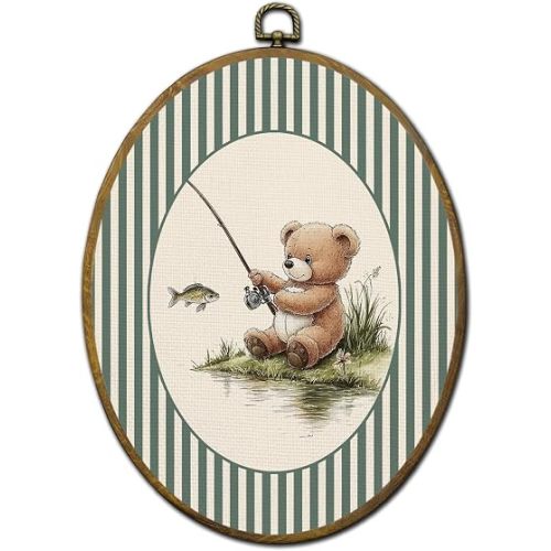 QZQE Funny Fishing Bear Nursery Oval Wall Art Decor Framed, Kids Playroom Oval Canvas Prints, Vintage Green Striped Bear Fishing Wall Hanging Decor for Kids Room Bedroom Playroom, 8.6x11.4 Inch