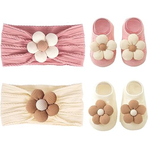 KEAINVRN Baby Girl Headbands and Socks,Non-Slip Grips Socks Flower Soft Hairbands Hair Accessories for Infant Toddler Kids (US, Age, 6 Months, 12 Months, pink beige)