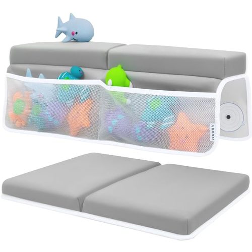 Comfortable Baby Bath Kneeler and Elbow Rest Pad Set – Thick Memory Foam Bath Kneeling Pad with Elbow Support – Baby Bathtub Cushion with Toy Organizer for Bathing Infant or Toddler - Grey