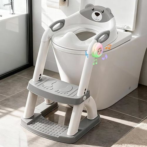 Potty Training Seat ，SKYROKU Potty Training Toilet with Step Stool Ladder, for Kids Boys Girls Toddlers - Comfortable Safe Potty Seat with Anti-Slip Pads Ladder （8838-Grey）