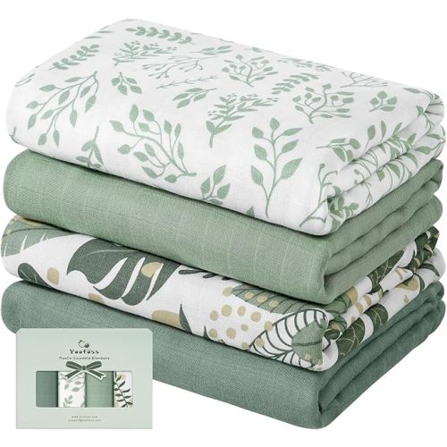 Yoofoss Muslin Swaddle Blankets, 4 Pack Receiving Blankets for Boys and Girls, 47 x 47 Inches Muslin Baby Blankets Soft Breathable - Green