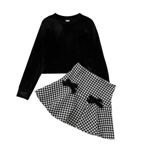 PatPat Kid Girls Black Skirt Set Velvet Crop Top and Houndstooth Pleated Skirt 2 Pieces Outfit Set Size 5-12