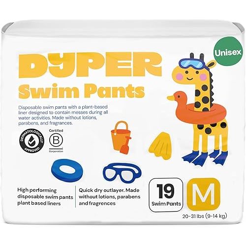 DYPER Baby Swim Diapers Size Medium (20-31 lbs), 19 Count | Disposable Swim Pants | Plant-Based, Hypoallergenic & Fragrance Free | Won't Swell in Water | for Pool, Beach, Swim Lessons & Water Play