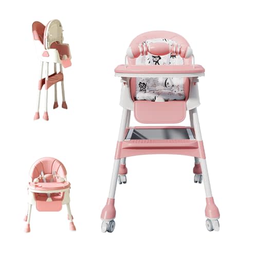Foldable 4-in-1 Baby High Chair for Babies & Toddlers, High Chair with Detachable PU Cushion, Removable Tray, Adjustable Height, Locking Wheels,Pink