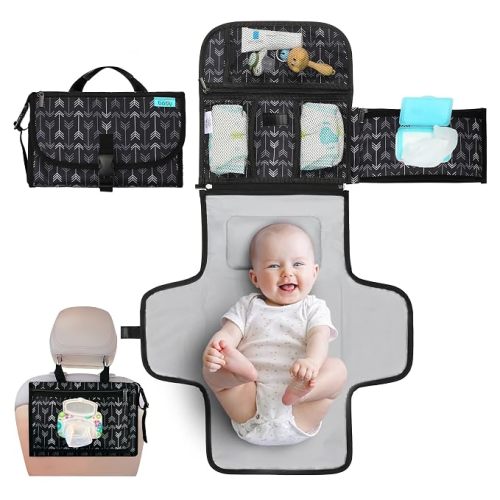 Kopi Baby Portable Diaper Changing Pad, Wipes Pocket, Premium Black Arrows