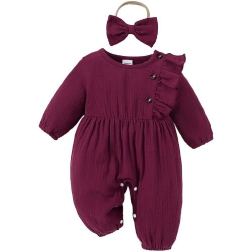 Newborn Baby Girls Smocked Romper Preemie Long Sleeve Going Home Outfit with Bow Headband