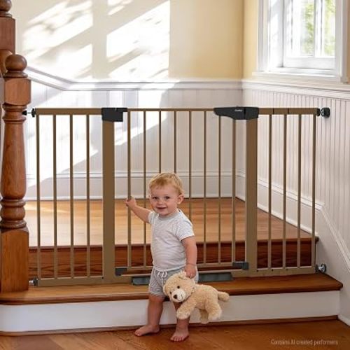 Cumbor 30-54" Extra Wide Baby Gate, Dual Lock & Auto Close Dog Gate Brown