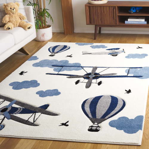 SAFAVIEH Carousel Kids Biplanes in the Sky Area Rug, Ivory/Blue, 6'7" x 9'