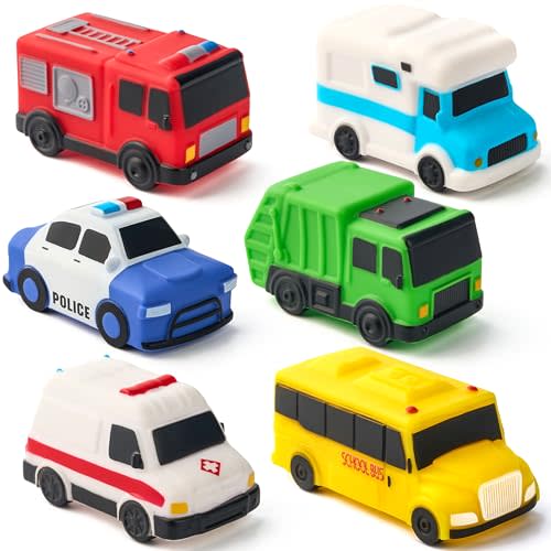 JOYIN 6 Pcs Car Bath Toys, No-Hole Sealed Bathtub Toys for Kids, Soft & Non-Toxic Water Vehicles, Squeezable & Floating Bath Toys for Boys and Girls, Bath & Pool Play