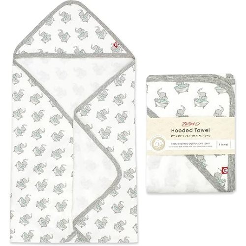 Zutano Hooded Baby Towels, Organic Cotton Baby Bath Towel, Ultra Soft and Absorbent Baby Towel for Newborn and Infant | Girl, Boy, and Unisex Towel Set, Elephant Bath Time, 1-Pack