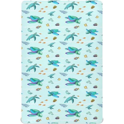 Sea Turtle Crib Sheets for Boys Girl Green Turquoise Ocean Beach Theme Fitted Mattress Cover Funny Little Fish Toddler Baby Bed Sheets Standard Unisex Crib Sheet 28x52 Inch