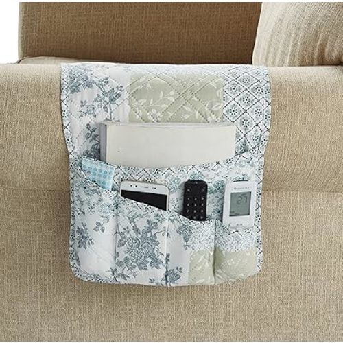 Brilliant Sunshine Multi Blue and Beige Floral Patchwork Couch Armrest 5 Pockets Organizer, Slip Resistant Armchair Caddy, Washable Remote Controls Holder, Storage for Magazine, iPad, 35×13", Blue