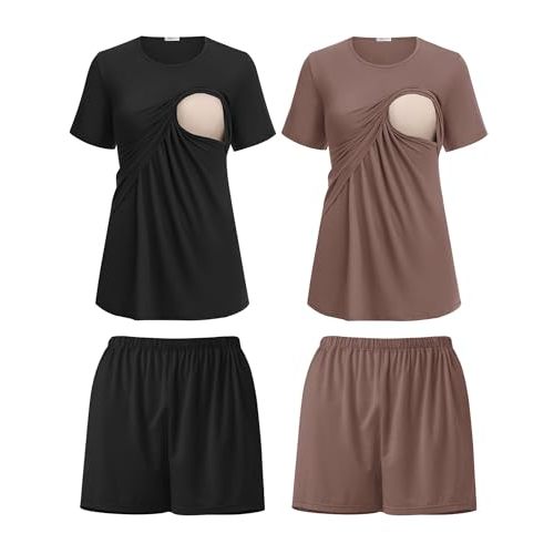 Ekouaer 2 Pack Women's Nursing Pajamas Set Double Layer Maternity Pjs Postpartum Loungewear Set Breastfeeding Tops & Shorts