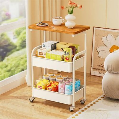 3 Tier Storage Trolley on Wheels Rolling Cart with Wooden Table Top Kitchen Storage Organizer for Living Room, Kitchen, Bathroom, Office, Classroom