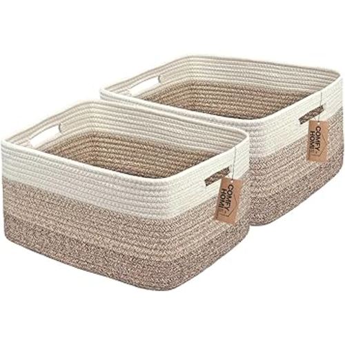COMFY-HOMI 2 pcs Large Storage Baskets for Shelves, Laundry Basket, Woven Rope Basket, Closet Organizer Bins for Clothes Blanket Towels, Baby Nursery, Gift Toy Baskets, 17” x 13” x 7.5”-White/3 Brown