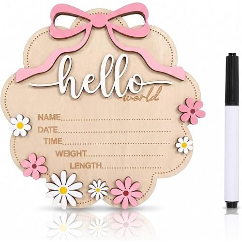 Baby Announcement Sign, ​Wooden Hello World Newborn Signs, Birth Announcement Sign, Gender Reveal Signs, Bow & Daisy Decoration, Welcome Newborn Arrival To World, for Girls Nursery Decor