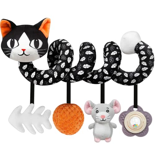 Baby Carseat Toy Black & White Rattle Spiral Hanging Activity Stroller Toy for Newborns Boys and Girls - Cat