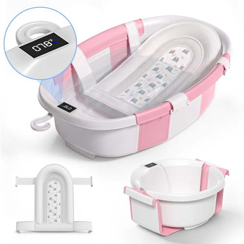 Collapsible Baby Bathtub with Soft Cushion and Thermometer-Pink