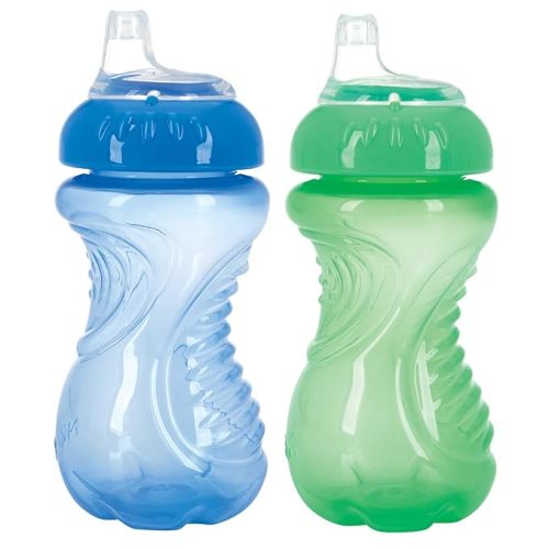 Nuby 2-Pack No Spill Easy Grip Trainer Cup 10 oz, Blue and Green