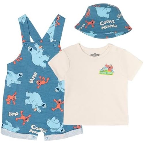 Sesame Street French Terry Short Overalls, T-Shirt & Bucket Sun Hat 3 Piece Outfit Newborn to Toddler Sizes (Newborn - 4T)