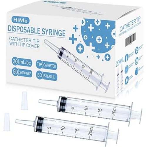 50 Pack 20mL Syringes with Catheter Tip and Cap Plastic Large Syringes for Liquids, Jello shot Party, Medicine Student, Oral, Scientific Labs, Measuring, Dispensing, Home Care