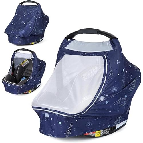 Orzbow Baby Car Seat Cover, Breathable Car Seat Canopy for Girls Boys with Mesh Window, Lightweight Baby Carrier Cover for Wind, Dust, Sun and Insects Protection, Universal Fit, Dark Blue