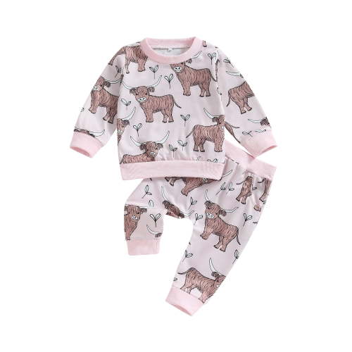 LMLYSoH Toddler Baby Girls Western Clothes Cow Print Long Sleeve Sweatshirt and Casual Pants Set Cute 2 Piece Outfit