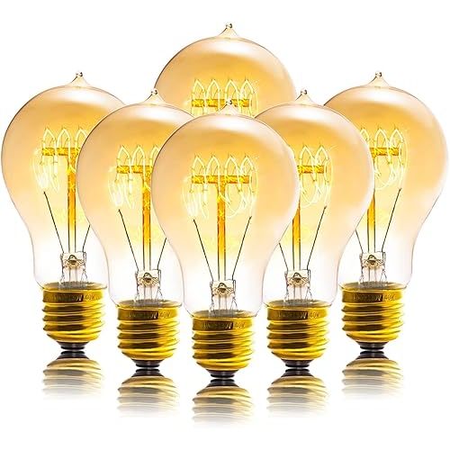 Edison Bulb, A19 Bulbs 6 Pack, Retro Style Incandescent Light Bulbs,Dimmable 120V 40W Antique Vintage Light Bulb, 240 Lmens E26 Base, Amber 2200K Warm White Light, for Home Office Desk Lamp