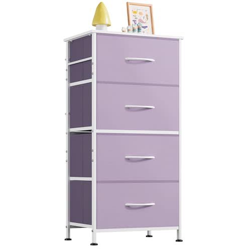 WLIVE Dresser with 4 Drawers, Storage Tower, Organizer Unit, Fabric Dresser for Bedroom, Hallway, Entryway, Closets, Sturdy Steel Frame, Wood Top, Easy Pull Handle, Purple