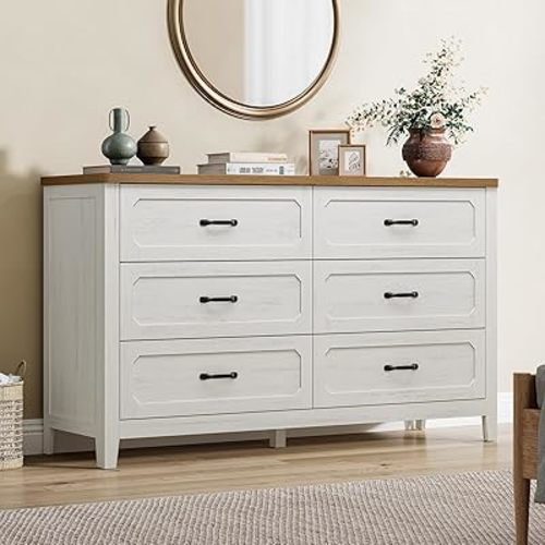 Farmhouse 6 Drawer Dresser for Bedroom, 54'' Extra-Wide Chest of Drawers with Metal Handles, Wood Dresser TV Stand, Rustic Storage Organizer for Closet, Living Room, Entryway, Rustic White