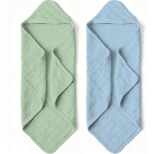 Organic Muslin Hooded Baby Bath Towels - 2 Pack 100% Organic Cotton Towel for Babies, Infants, Toddlers - 32x32Inch - Highly Absorbent and Newborn Essential(Blue Green)