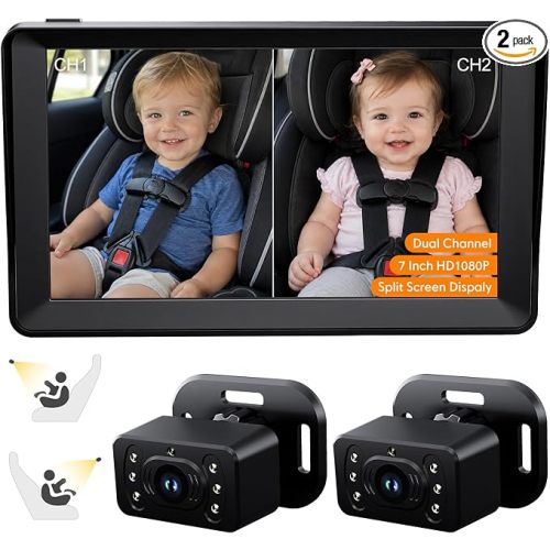 Kidsneed Split Screen Baby Car Camera for 2 Kids, 7 inch HD 1080P Car Baby Monitor with Dual Backseat Cameras, 150° Wide View, 360°Rotation, Night Vision, Rear-Facing Infant Car Seat Mirror