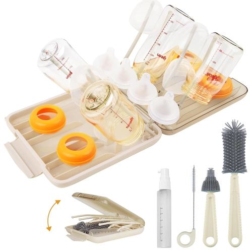Rrwin Bottle Brush Cleaner Kit with Baby Bottle Drying Rack, Exendable Silicone Bottle Brush, Nipple Brush, Straw Brush, Soap Dispenser & Storage Box. Compact Size for Babies and Moms,Beige