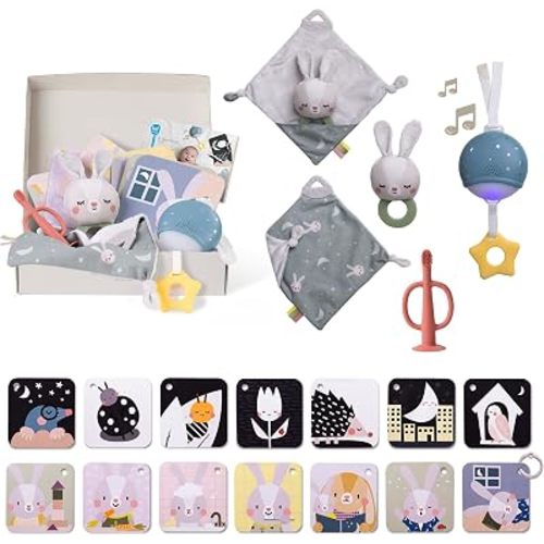 Taf Toys Newborn Bedtime Kit - Baby Essentials Portable Sound Machine with Soothing Music & Light, Contrast Cards, Security Blanket, Bunny Teether & Toothbrush - Ideal Newborn