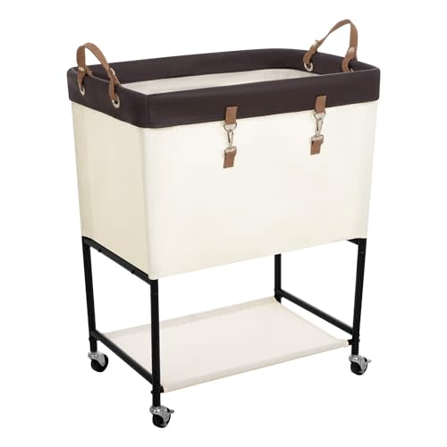 StorageWorks Laundry Cart, 2 Tier Rolling Laundry Basket, Heavy Duty Laundry Basket with Lockable Wheels, Laundry Room Organization and Storage, Clothes Hamper for Bedroom, Dorm, Closet, 29Gal, Beige