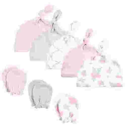 Hudson Baby Infant Girl Cotton Cap and Scratch Mitten Set, Rose, 0-6 Months