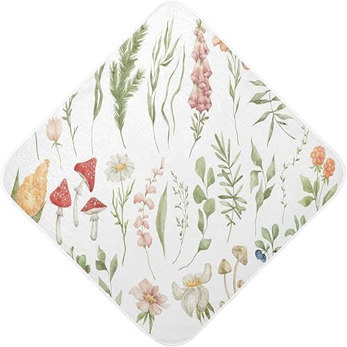 Pigsaly Watercolor Wild Flowers Hooded Baby Towel Meadow Herbs Leaves Baby Bath Towel Unisex Soft Organic Cotton Washcloths Toddlers Shower Gifts for Boys Girls Newborn 30 x 30 in