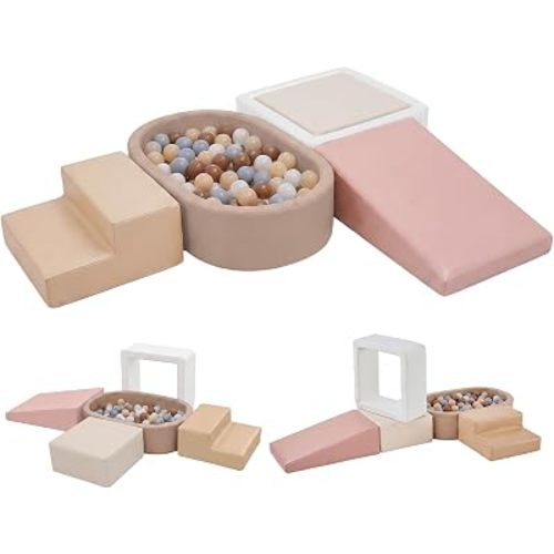 JungleDove Soft Foam Climbing Blocks Set for Toddlers – 5-Piece Oval Ball Pit & Play Structure with Cream Leather, Indoor Soft Play Gym, Montessori Activity Toys for Kids(78.7"×29.9"×27.9")