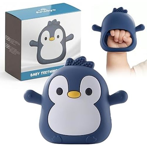 Baby Teething Toys for 3-6 Months Silicone Teething Mittens for Babies Food Grade Silicone Teether (Penguin Black wthite)